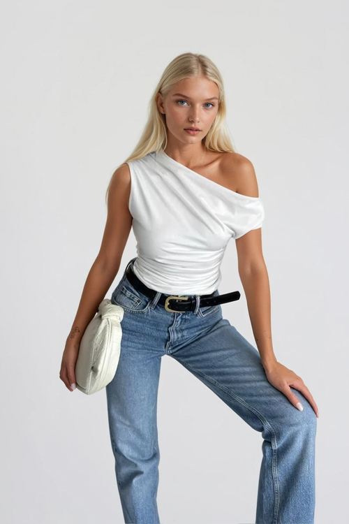 Asymmetrical Shoulder Detailed White Blouse with Fitted Waist