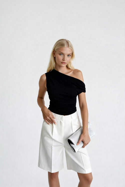 Asymmetrical Shoulder Detail Black Blouse with Fitted Waist