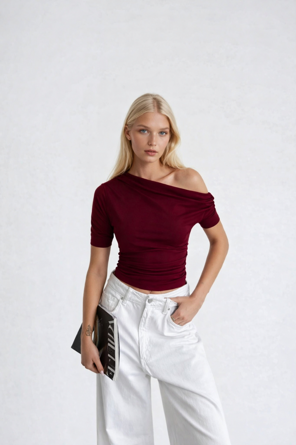 Waist-Fitted Asymmetric Shoulder Detail Burgundy Blouse