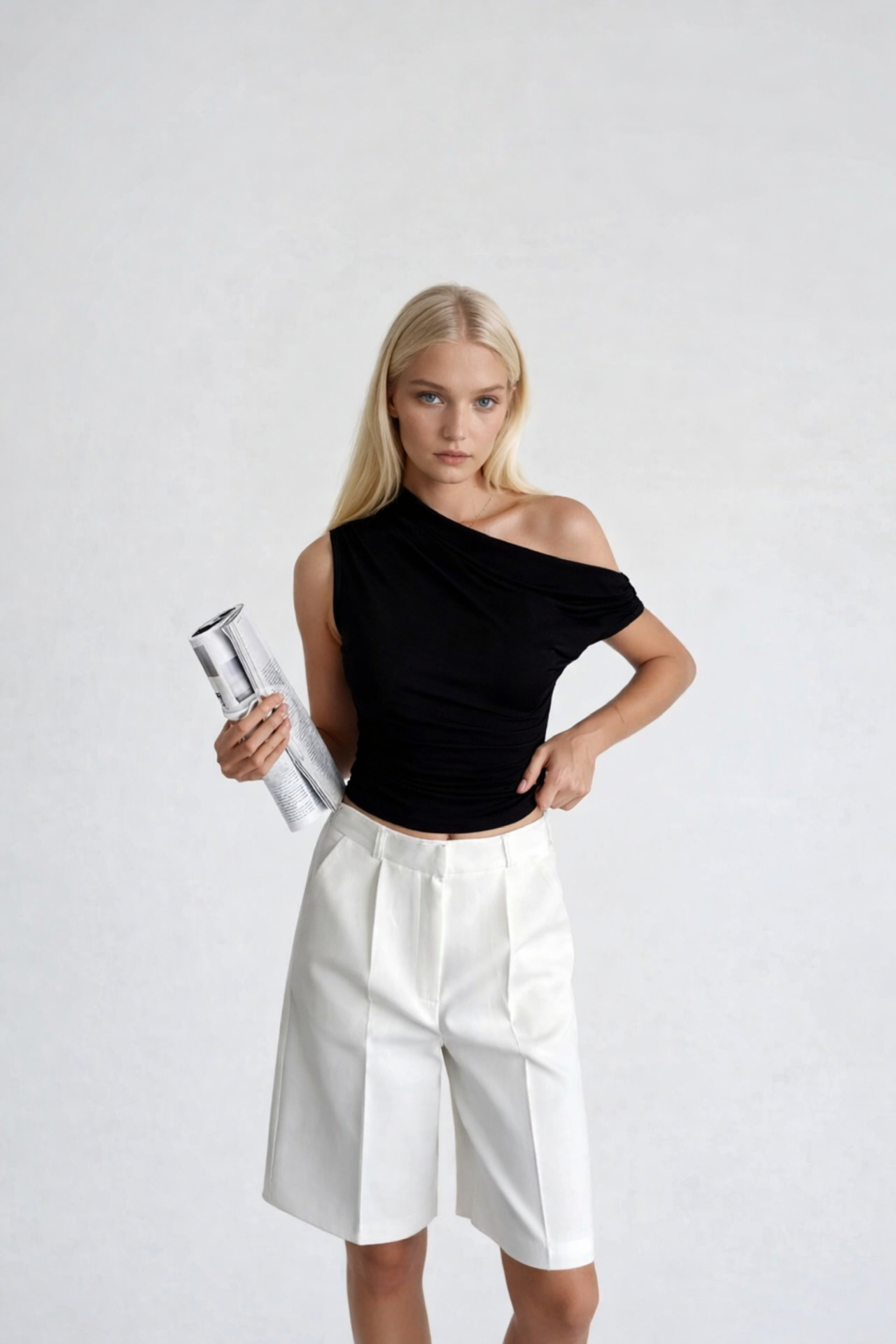 Waist-Fitted Asymmetric Shoulder Detail Black Blouse