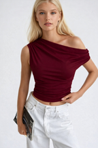 Waist-Fitted Asymmetric Shoulder Detail Burgundy Blouse