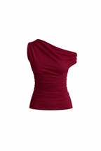 Waist-Fitted Asymmetric Shoulder Detail Burgundy Blouse