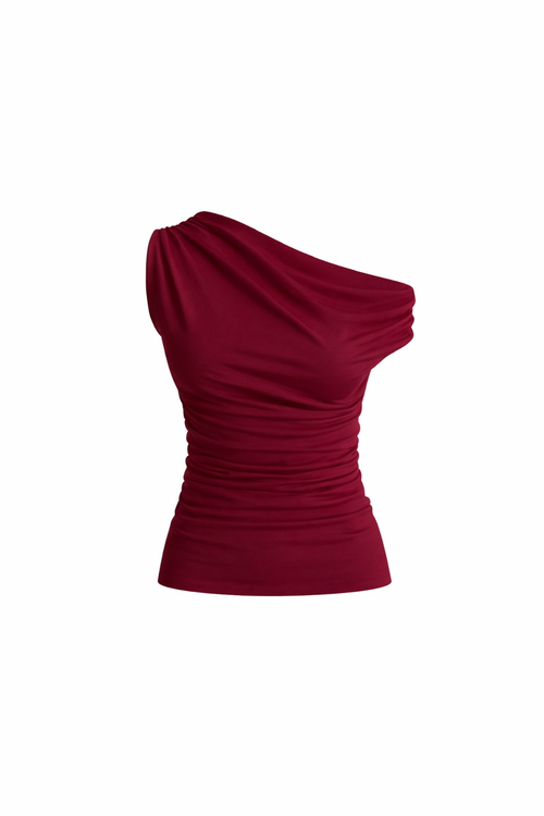 Asymmetrical Shoulder Detail Claret Red Blouse with Fitted Waist