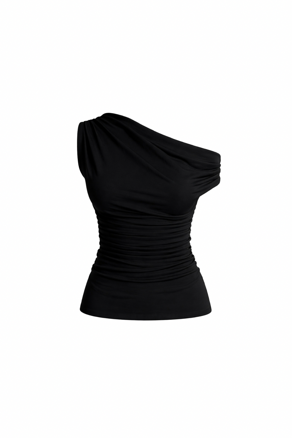 Waist-Fitted Asymmetric Shoulder Detail Black Blouse