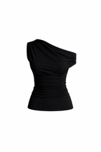 Waist-Fitted Asymmetric Shoulder Detail Black Blouse