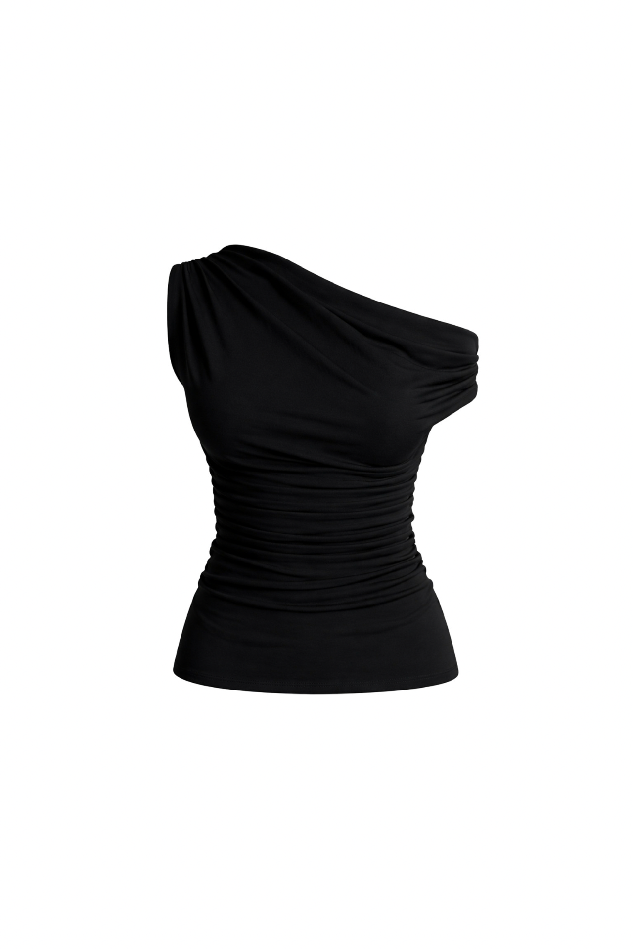 Waist-Fitted Asymmetric Shoulder Detail Black Blouse