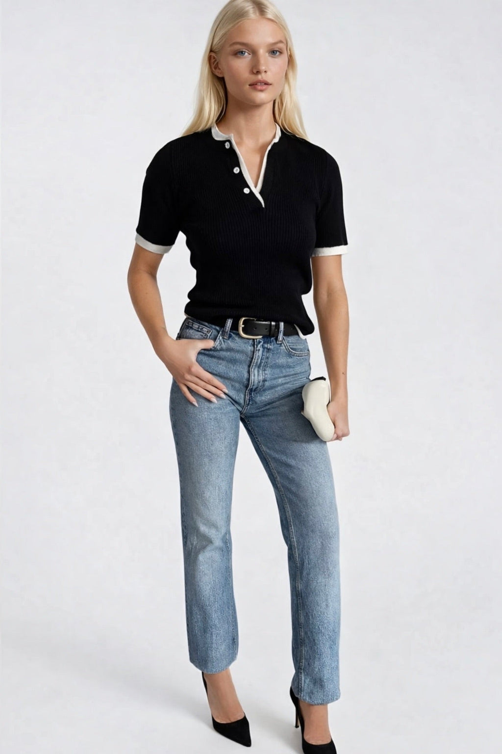 Button Detail Double Collar Black Knit Blouse