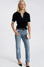 Button Detail Double Collar Black Knit Blouse
