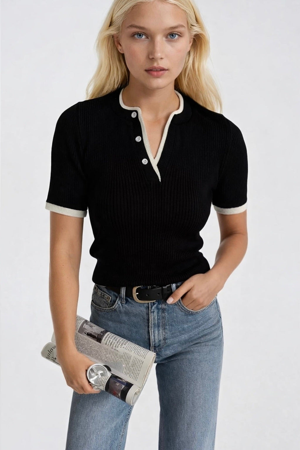 Button Detail Double Collar Black Knit Blouse
