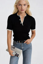 Button Detail Double Collar Black Knit Blouse