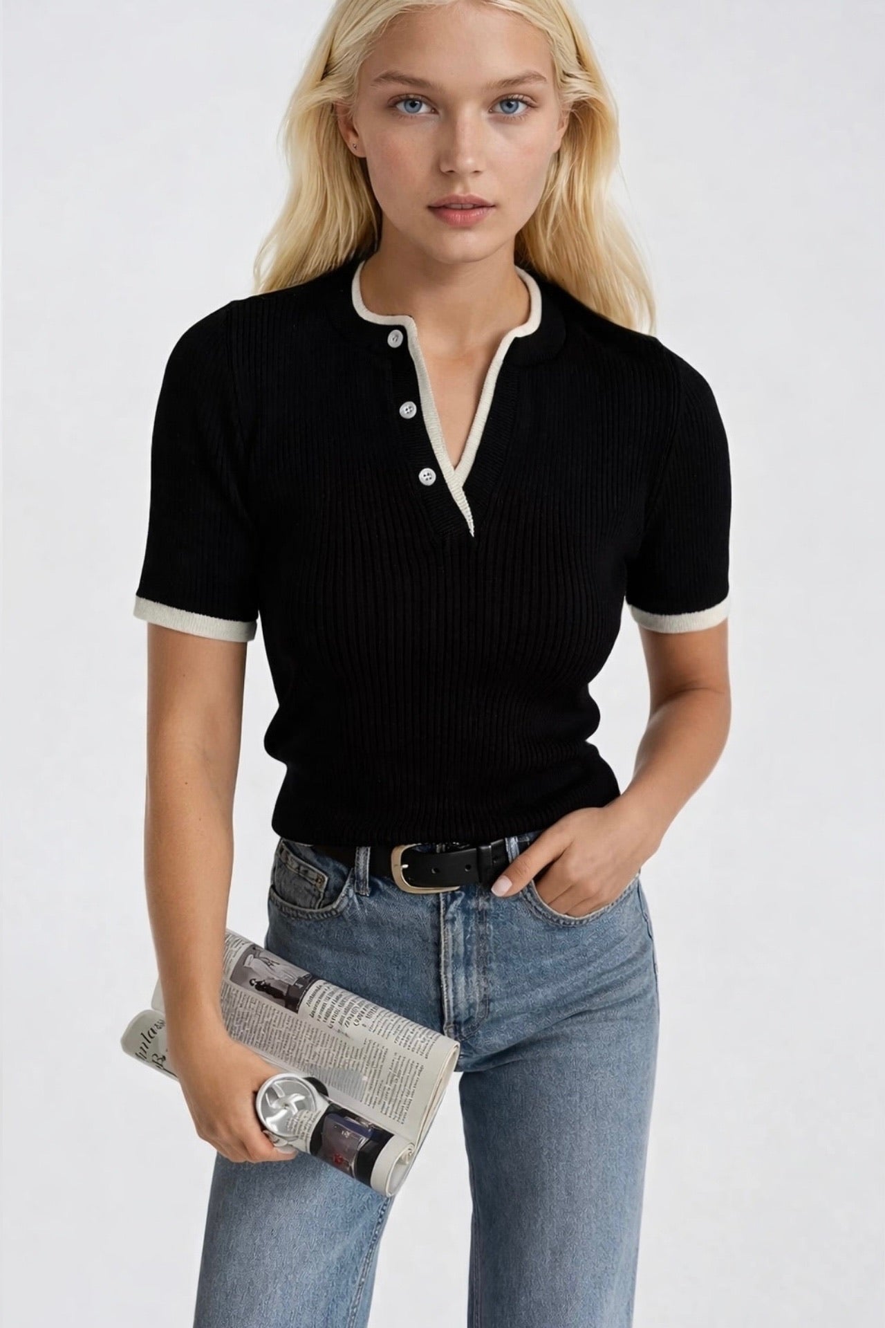 Button Detail Double Collar Black Knit Blouse