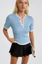 Button Detail Double Collar Blue Knit Blouse