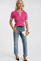 Button Detail Double Collar Pink Knit Blouse