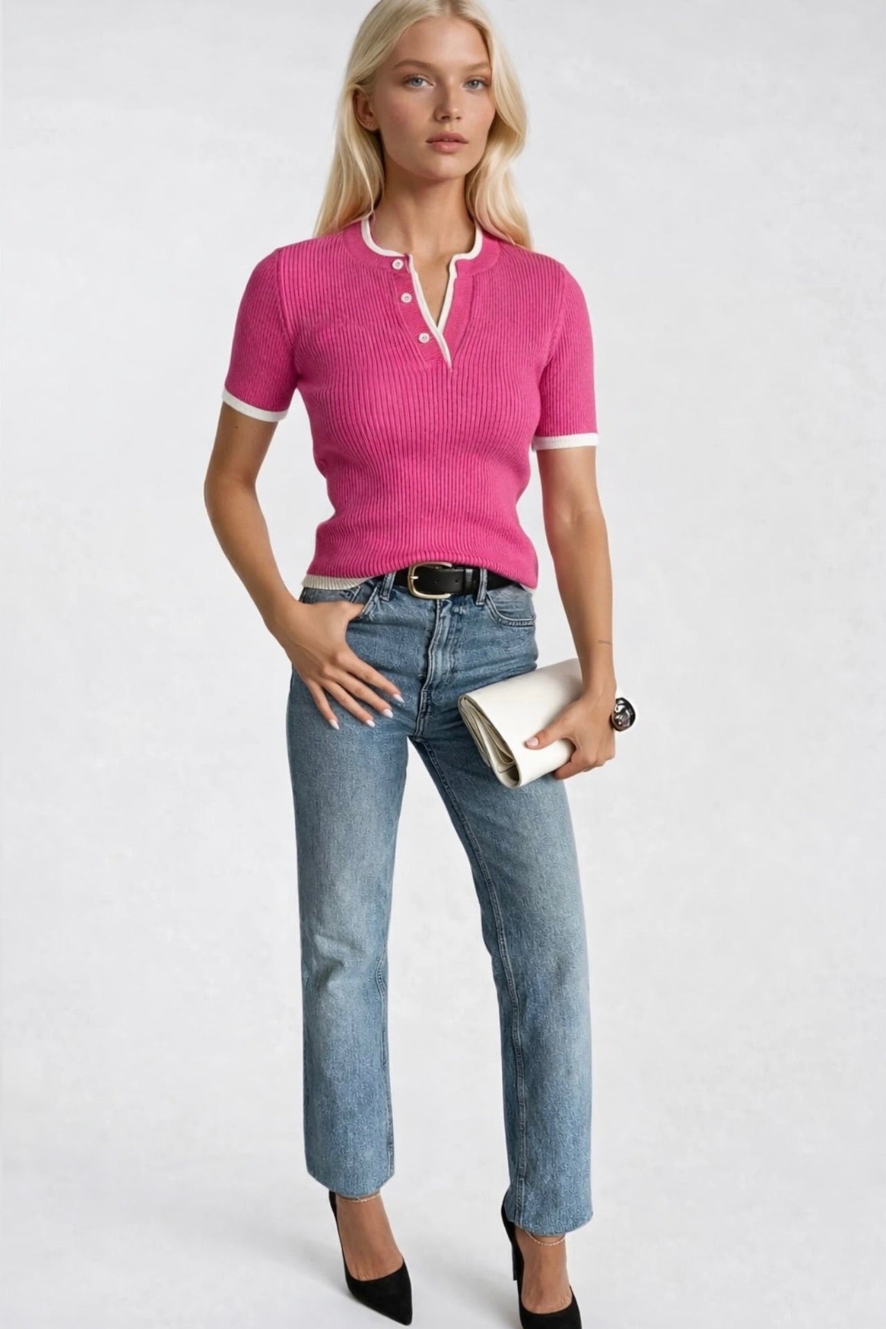 Button Detail Double Collar Pink Knit Blouse