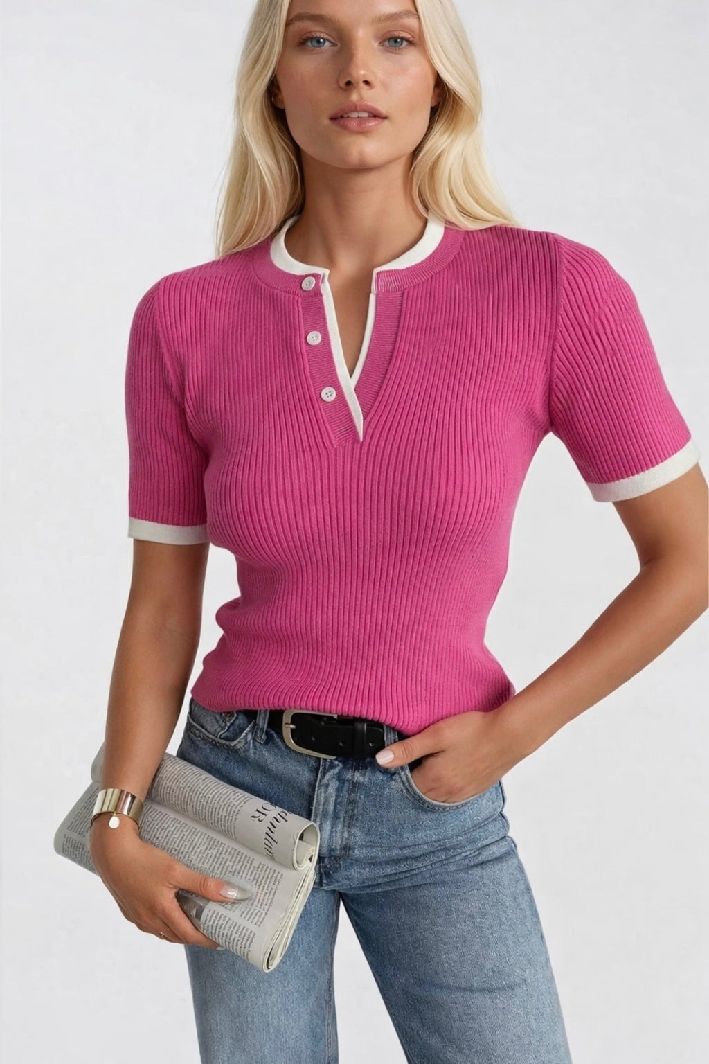 Button Detail Double Collar Pink Knit Blouse