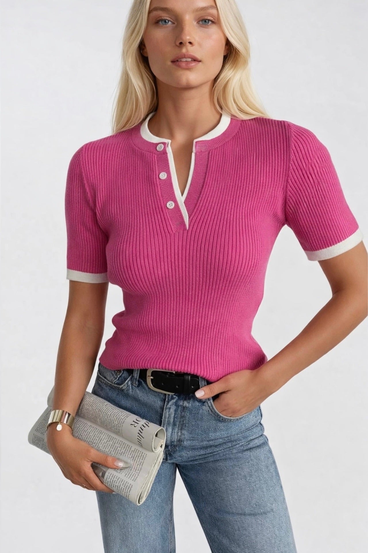 Button Detail Double Collar Pink Knit Blouse