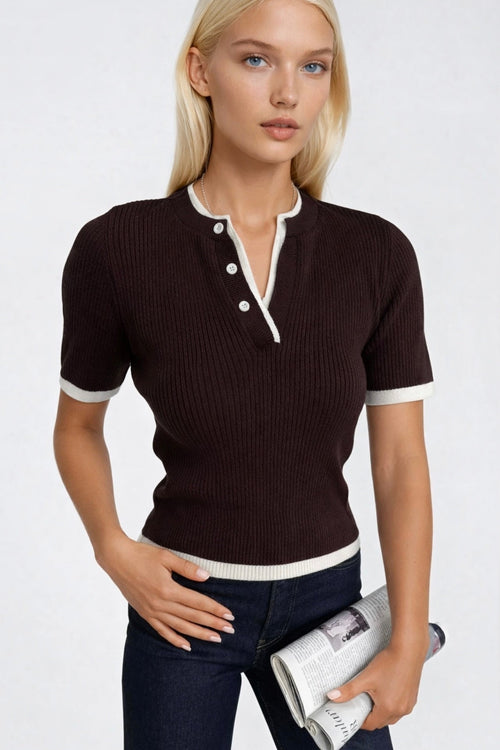 Button Detail Double Collar Brown Knit Blouse