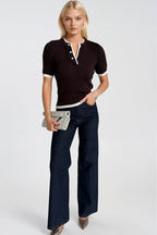 Button Detail Double Collar Brown Knit Blouse
