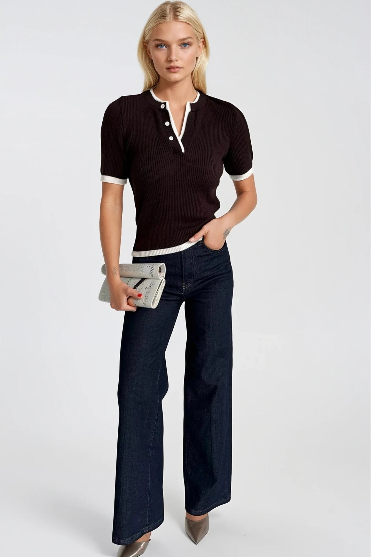 Button Detail Double Collar Brown Knit Blouse