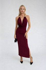 Burgundy Maxi Dress with Accessory Detail and Cowl Neck