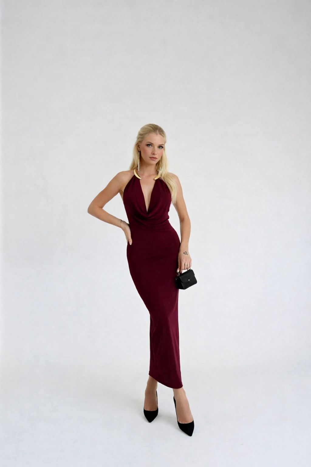 Open Detail Cowl Neck Burgundy Maxi Dress