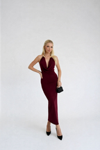 Open Detail Cowl Neck Burgundy Maxi Dress