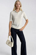 Polo Collar Buttoned Short Sleeve White Knit Blouse