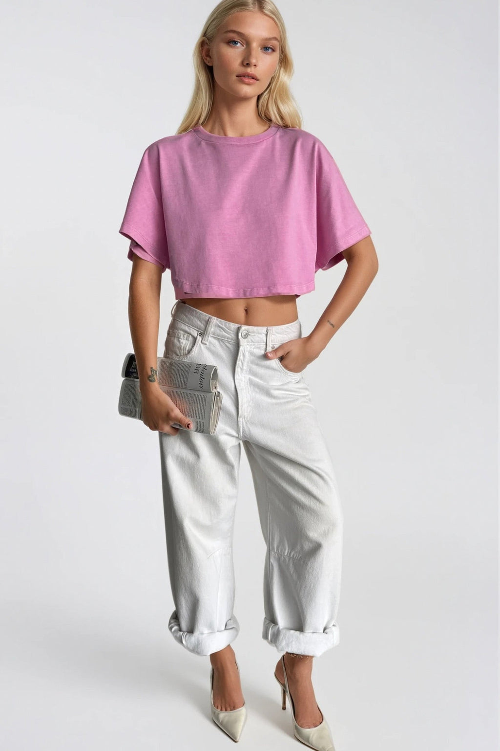 Washed Effect Pink Crop T-Shirt