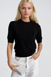 Crew Neck Short Sleeve Black Knit Blouse