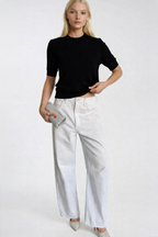 Crew Neck Short Sleeve Black Knit Blouse