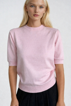 Crew Neck Short Sleeve Pink Knit Blouse
