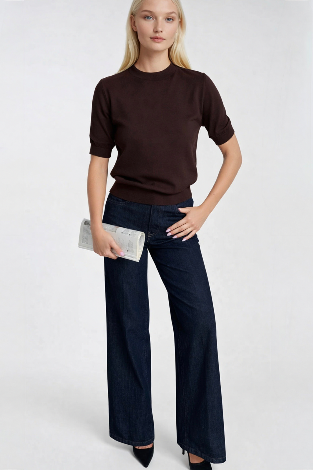 Crew Neck Short Sleeve Brown Knit Blouse