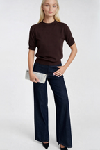 Crew Neck Short Sleeve Brown Knit Blouse