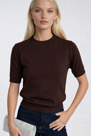 Crew Neck Short Sleeve Brown Knit Blouse