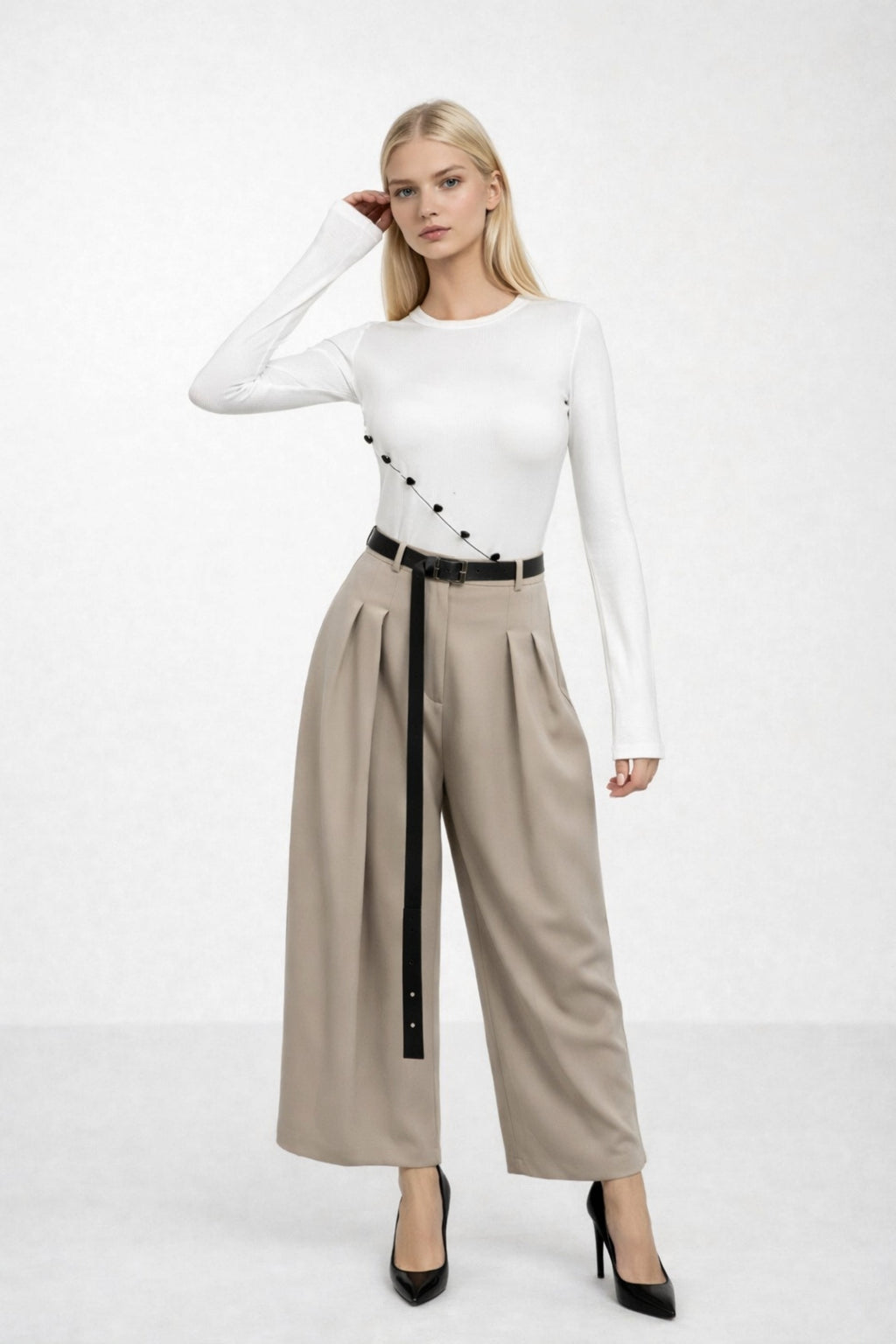 Asymmetric Button Detay Long Sleeve White Blouse