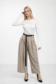 Asymmetric Button Detail Long Sleeve White Blouse