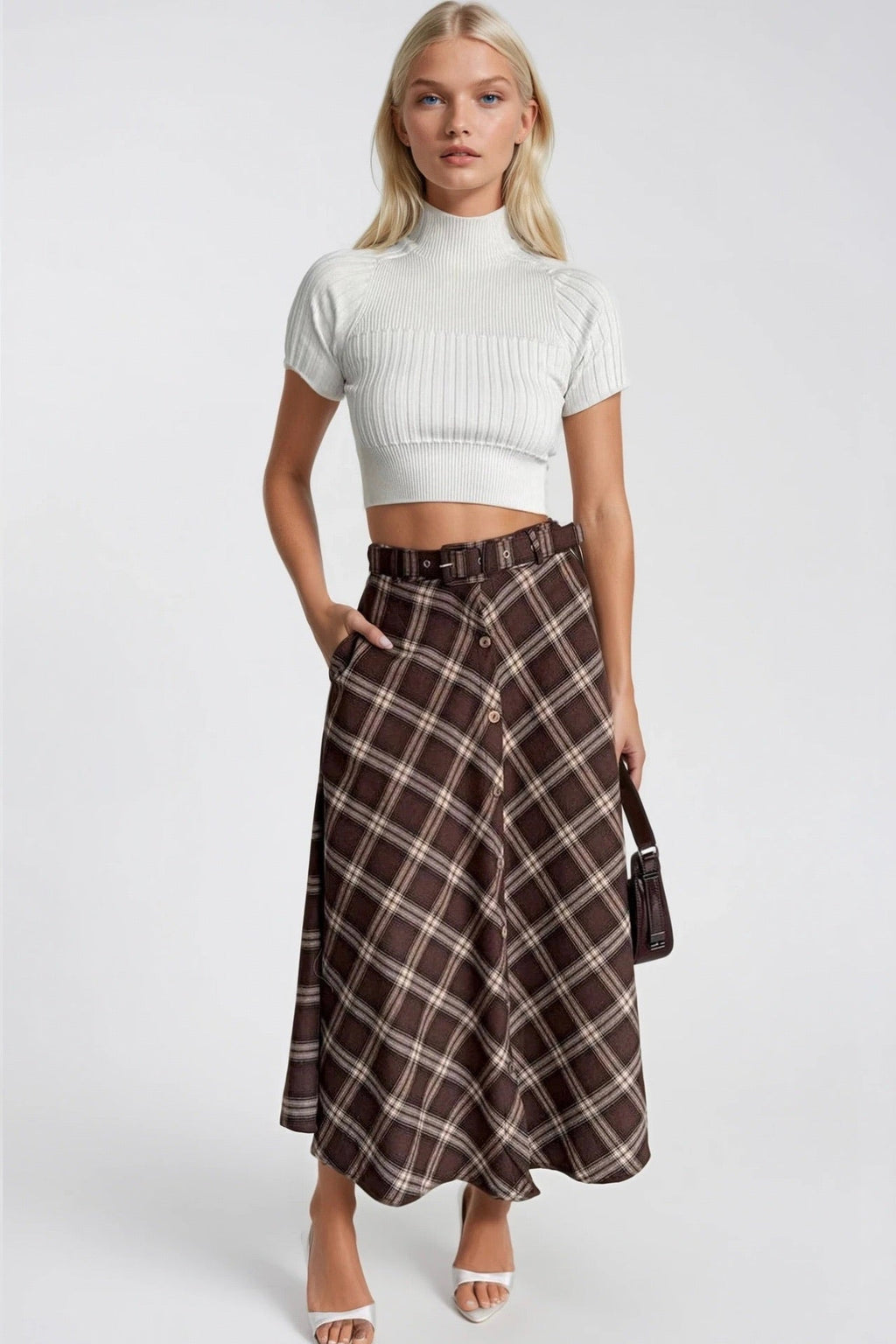 Belted Button Detail Brown Plaid Skirt
