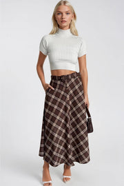 Brown Plaid Skirt with Belted Button Detail