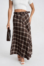 Belted Button Detail Brown Plaid Skirt