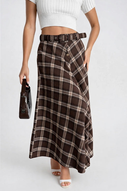 Belted Button Detail Brown Plaid Skirt