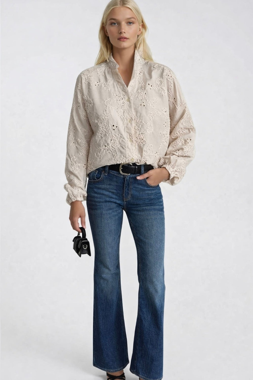 Guipure Lace Detail Patterned Cream Shirt