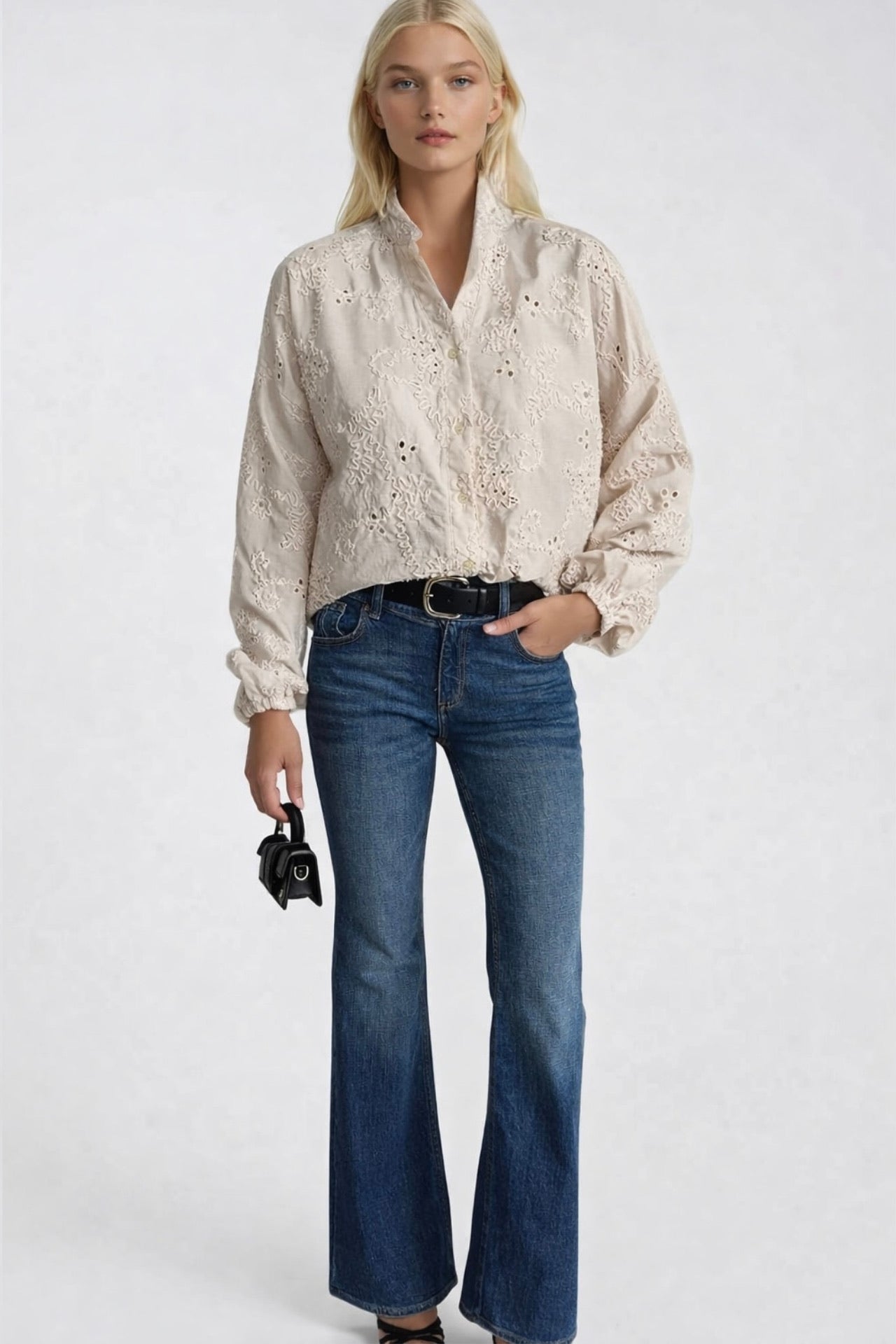 Guipure Lace Detail Patterned Cream Shirt