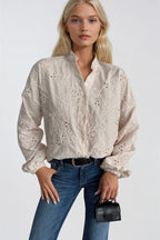 Guipure Lace Detail Patterned Cream Shirt