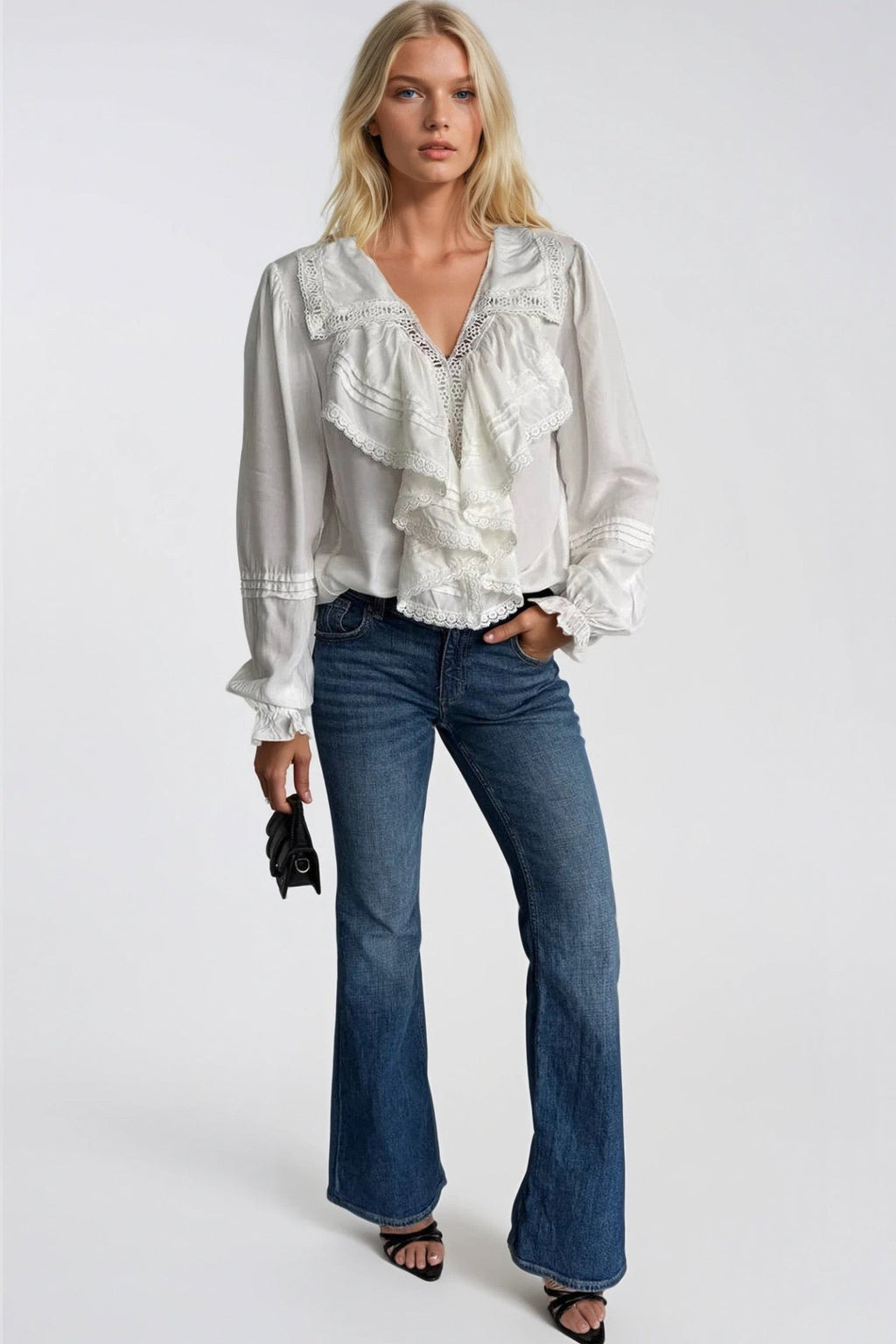 Ruffle Detail White Guipure Lace Blouse