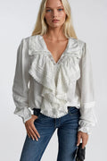 Ruffle Detail White Guipure Lace Blouse