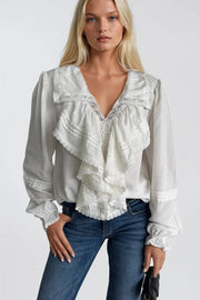 White Guipure Blouse with Ruffle Detail
