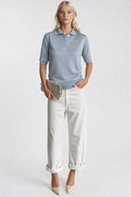 Polo Collar Buttoned Short Sleeve Blue Knit Blouse