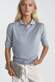 Polo Collar Button-Front Short Sleeve Blue Knit Blouse