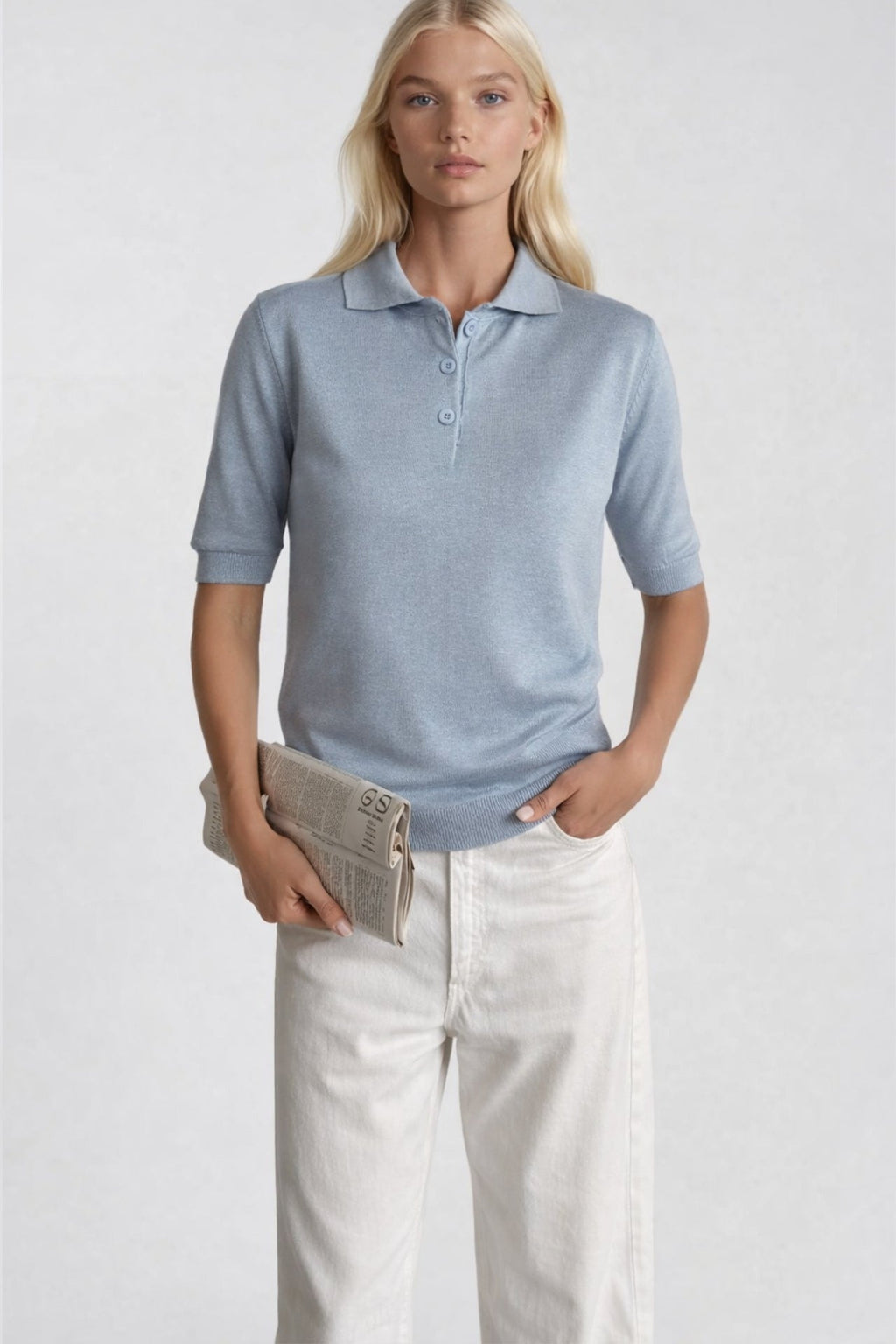 Polo Collar Buttoned Short Sleeve Blue Knit Blouse