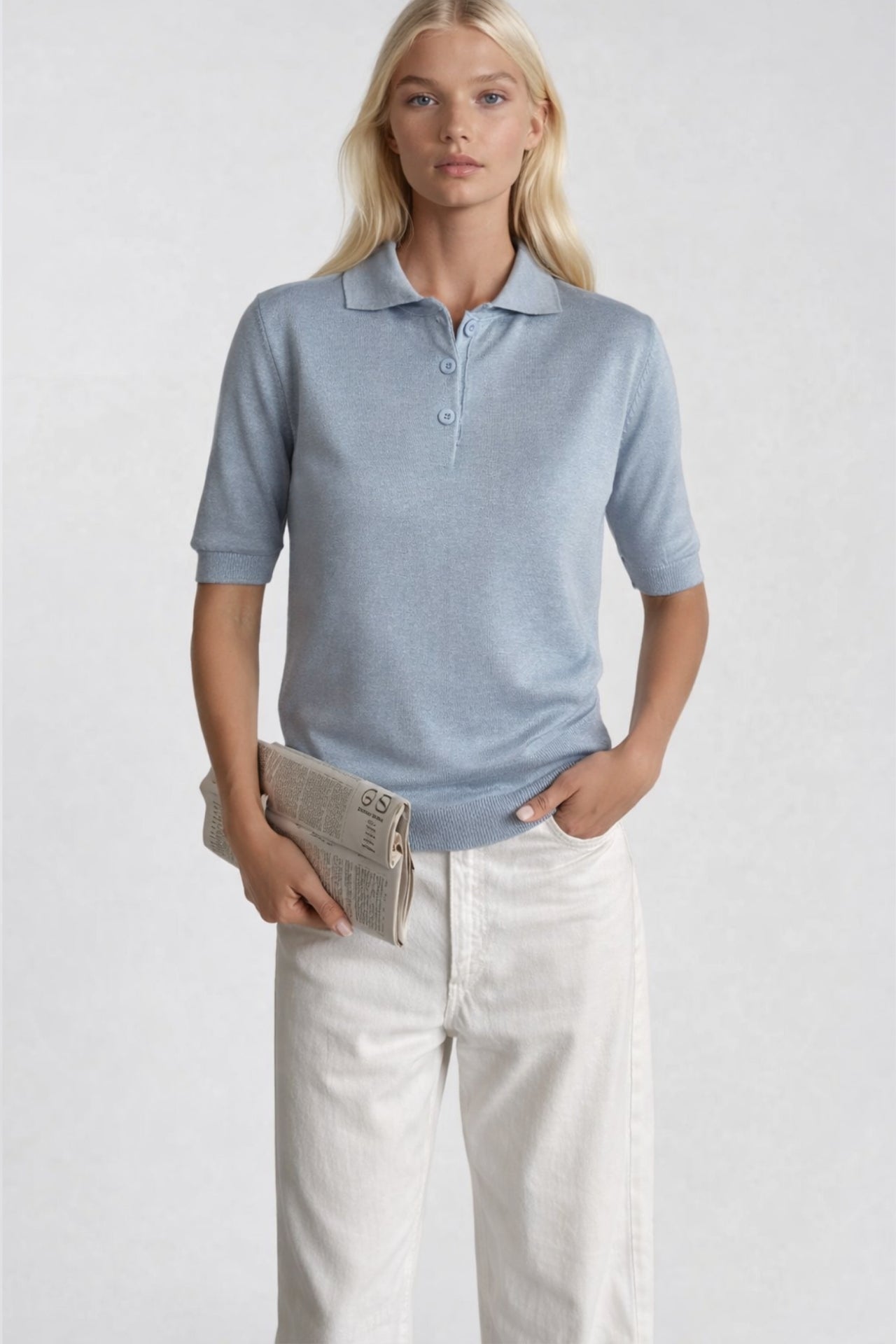 Polo Collar Buttoned Short Sleeve Blue Knit Blouse